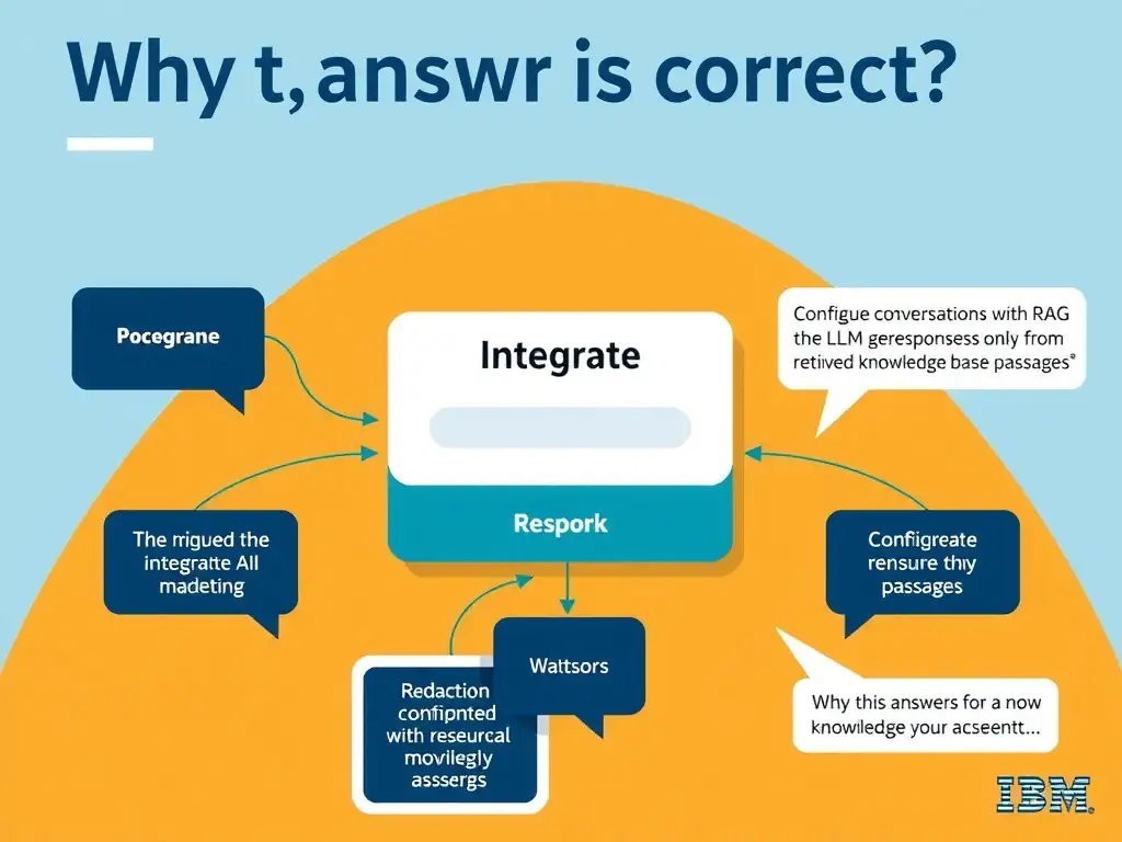 Educational infographic for IBM watsonx Assistant: visualize the concept of 'Configure conversational search with RAG so the LLM generates responses only from retrieved knowledge base passages' within the 'Domain 4: Integrate with watsonx' domain. Use a clean diagram or layered flow showing how this capability fits into a conversational AI lifecycle — labeled boxes for key components, arrows showing data or conversation flow, IBM blue/navy color palette with white text callouts highlighting why this answer is correct.