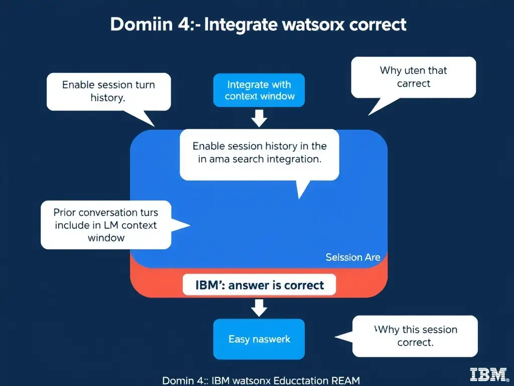 Educational infographic for IBM watsonx Assistant: visualize the concept of 'Enable session history in the search integration so prior conversation turns are included in the LLM context window' within the 'Domain 4: Integrate with watsonx' domain. Use a clean diagram or layered flow showing how this capability fits into a conversational AI lifecycle — labeled boxes for key components, arrows showing data or conversation flow, IBM blue/navy color palette with white text callouts highlighting why this answer is correct.
