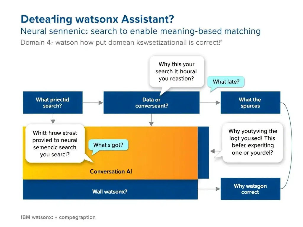 Educational infographic for IBM watsonx Assistant: visualize the concept of 'Switch from keyword search to neural semantic search to enable meaning-based matching' within the 'Domain 4: Integrate with watsonx' domain. Use a clean diagram or layered flow showing how this capability fits into a conversational AI lifecycle — labeled boxes for key components, arrows showing data or conversation flow, IBM blue/navy color palette with white text callouts highlighting why this answer is correct.