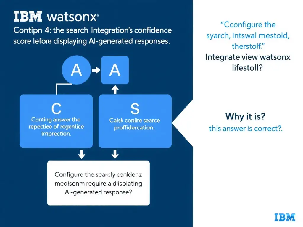 Educational infographic for IBM watsonx Assistant: visualize the concept of 'Configure the search integration's confidence threshold to require a minimum relevance score before displaying AI-generated responses' within the 'Domain 4: Integrate with watsonx' domain. Use a clean diagram or layered flow showing how this capability fits into a conversational AI lifecycle — labeled boxes for key components, arrows showing data or conversation flow, IBM blue/navy color palette with white text callouts highlighting why this answer is correct.