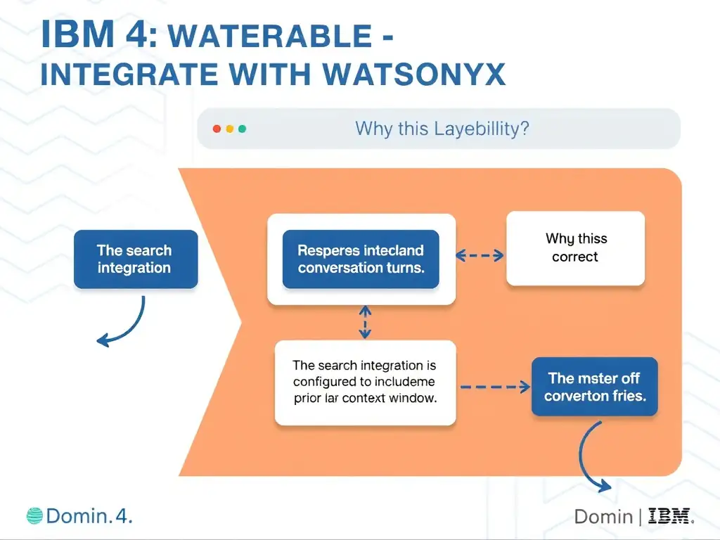 Educational infographic for IBM watsonx Assistant: visualize the concept of 'The search integration is not configured to include prior conversation turns in the LLM context window' within the 'Domain 4: Integrate with watsonx' domain. Use a clean diagram or layered flow showing how this capability fits into a conversational AI lifecycle — labeled boxes for key components, arrows showing data or conversation flow, IBM blue/navy color palette with white text callouts highlighting why this answer is correct.