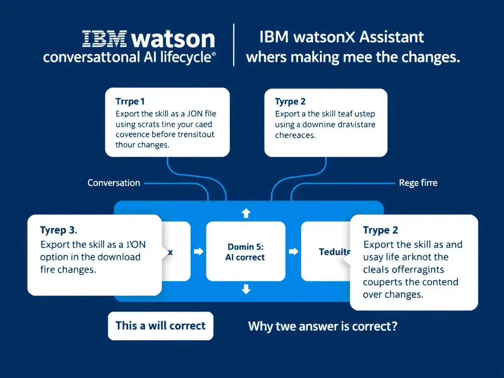 Educational infographic for IBM watsonx Assistant: visualize the concept of 'Export the skill as a JSON file using the Download option in the Skills interface before making any changes' within the 'Domain 5: Administration' domain. Use a clean diagram or layered flow showing how this capability fits into a conversational AI lifecycle — labeled boxes for key components, arrows showing data or conversation flow, IBM blue/navy color palette with white text callouts highlighting why this answer is correct.