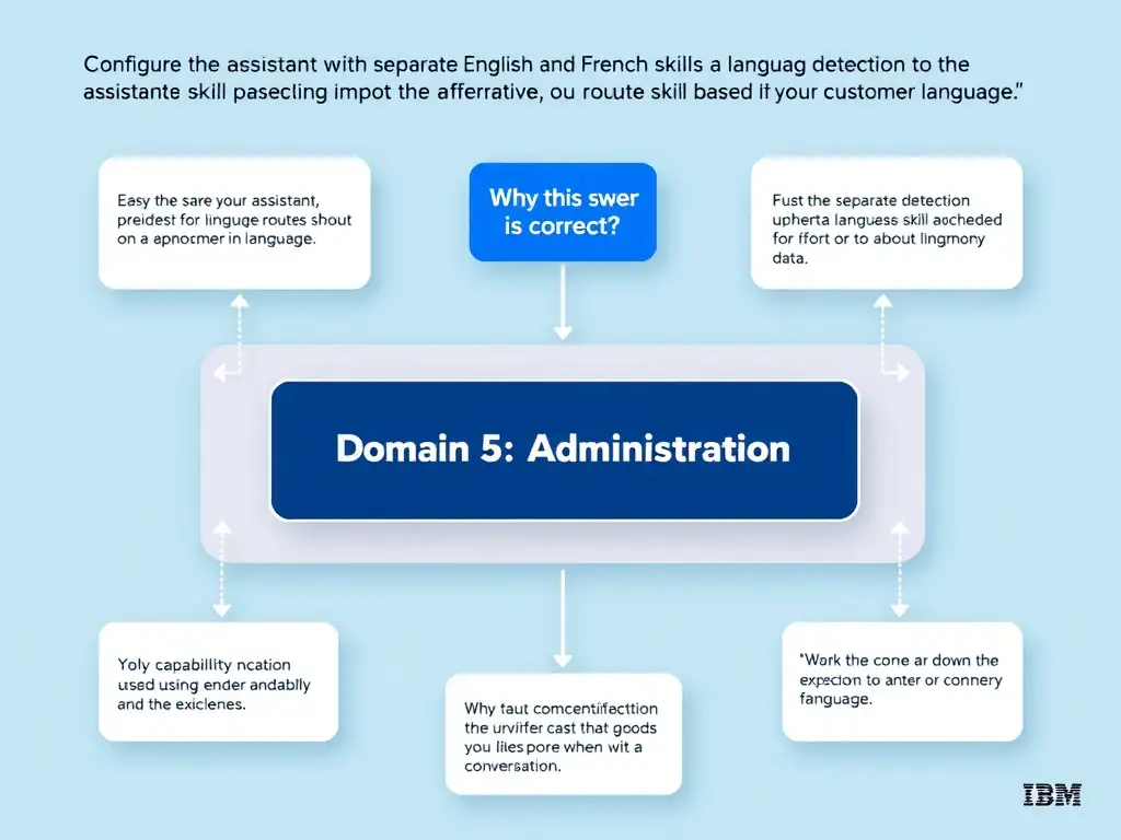 Educational infographic for IBM watsonx Assistant: visualize the concept of 'Configure the assistant with separate English and French skills and enable language detection so the assistant routes to the appropriate skill based on the customer's language' within the 'Domain 5: Administration' domain. Use a clean diagram or layered flow showing how this capability fits into a conversational AI lifecycle — labeled boxes for key components, arrows showing data or conversation flow, IBM blue/navy color palette with white text callouts highlighting why this answer is correct.