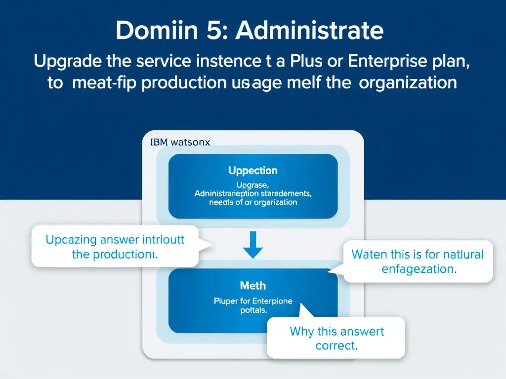 Educational infographic for IBM watsonx Assistant: visualize the concept of 'Upgrade the service instance to a Plus or Enterprise plan to meet the production usage needs of the organization' within the 'Domain 5: Administration' domain. Use a clean diagram or layered flow showing how this capability fits into a conversational AI lifecycle — labeled boxes for key components, arrows showing data or conversation flow, IBM blue/navy color palette with white text callouts highlighting why this answer is correct.