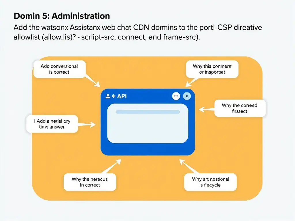 Educational infographic for IBM watsonx Assistant: visualize the concept of 'Add the watsonx Assistant web chat CDN and API domains to the portal's CSP directive allowlist (script-src, connect-src, and frame-src)' within the 'Domain 5: Administration' domain. Use a clean diagram or layered flow showing how this capability fits into a conversational AI lifecycle — labeled boxes for key components, arrows showing data or conversation flow, IBM blue/navy color palette with white text callouts highlighting why this answer is correct.
