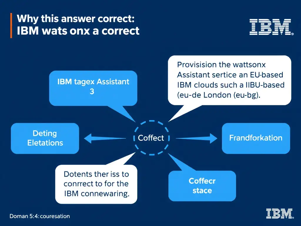 Educational infographic for IBM watsonx Assistant: visualize the concept of 'Provision the watsonx Assistant service instance in an EU-based IBM Cloud region such as Frankfurt (eu-de) or London (eu-gb)' within the 'Domain 5: Administration' domain. Use a clean diagram or layered flow showing how this capability fits into a conversational AI lifecycle — labeled boxes for key components, arrows showing data or conversation flow, IBM blue/navy color palette with white text callouts highlighting why this answer is correct.