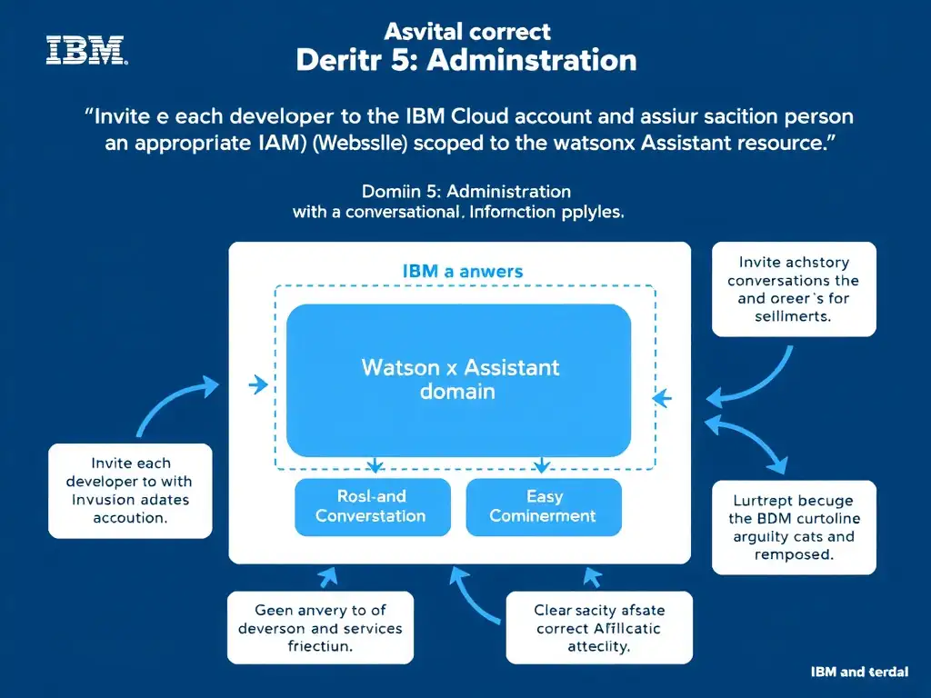 Educational infographic for IBM watsonx Assistant: visualize the concept of 'Invite each developer to the IBM Cloud account as an individual user and assign each person the appropriate IAM role (e.g., Writer) scoped to the watsonx Assistant resource' within the 'Domain 5: Administration' domain. Use a clean diagram or layered flow showing how this capability fits into a conversational AI lifecycle — labeled boxes for key components, arrows showing data or conversation flow, IBM blue/navy color palette with white text callouts highlighting why this answer is correct.