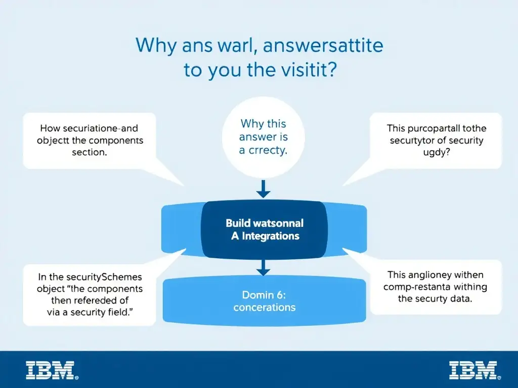 Educational infographic for IBM watsonx Assistant: visualize the concept of 'In the securitySchemes object within the components section, then referenced via a security field' within the 'Domain 6: Build Back-End Integrations' domain. Use a clean diagram or layered flow showing how this capability fits into a conversational AI lifecycle — labeled boxes for key components, arrows showing data or conversation flow, IBM blue/navy color palette with white text callouts highlighting why this answer is correct.