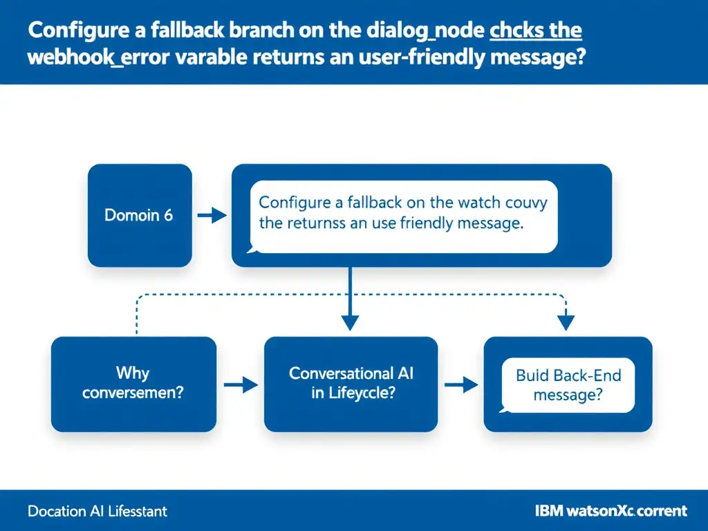 Educational infographic for IBM watsonx Assistant: visualize the concept of 'Configure a fallback branch on the dialog node that checks the webhookerror context variable and returns a user-friendly message' within the 'Domain 6: Build Back-End Integrations' domain. Use a clean diagram or layered flow showing how this capability fits into a conversational AI lifecycle — labeled boxes for key components, arrows showing data or conversation flow, IBM blue/navy color palette with white text callouts highlighting why this answer is correct.