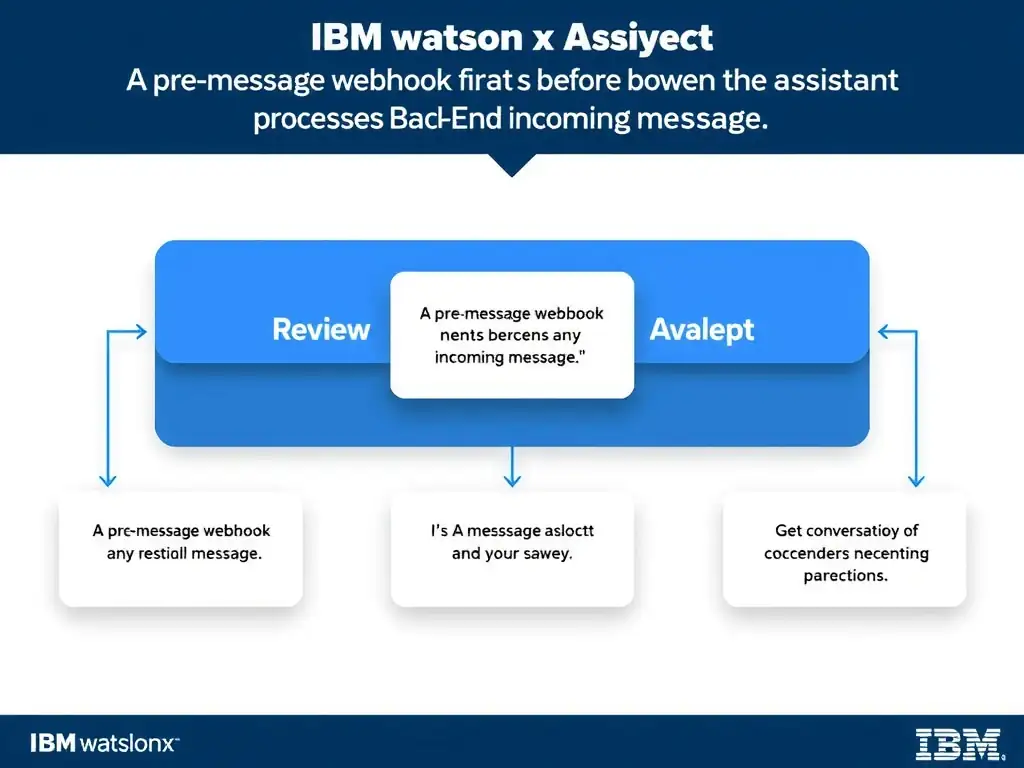 Educational infographic for IBM watsonx Assistant: visualize the concept of 'A pre-message webhook that fires before the assistant processes any incoming message' within the 'Domain 6: Build Back-End Integrations' domain. Use a clean diagram or layered flow showing how this capability fits into a conversational AI lifecycle — labeled boxes for key components, arrows showing data or conversation flow, IBM blue/navy color palette with white text callouts highlighting why this answer is correct.