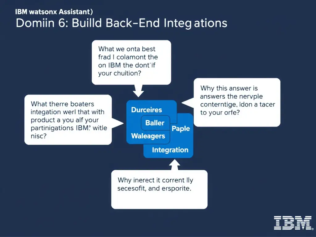 Educational infographic for IBM watsonx Assistant: visualize the concept of '<? $productid ?>' within the 'Domain 6: Build Back-End Integrations' domain. Use a clean diagram or layered flow showing how this capability fits into a conversational AI lifecycle — labeled boxes for key components, arrows showing data or conversation flow, IBM blue/navy color palette with white text callouts highlighting why this answer is correct.