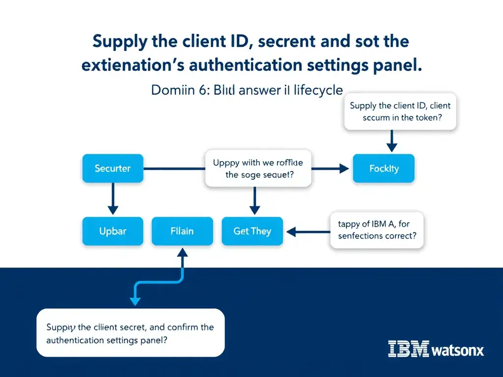Educational infographic for IBM watsonx Assistant: visualize the concept of 'Supply the client ID, client secret, and confirm the token URL in the extension's authentication settings panel' within the 'Domain 6: Build Back-End Integrations' domain. Use a clean diagram or layered flow showing how this capability fits into a conversational AI lifecycle — labeled boxes for key components, arrows showing data or conversation flow, IBM blue/navy color palette with white text callouts highlighting why this answer is correct.