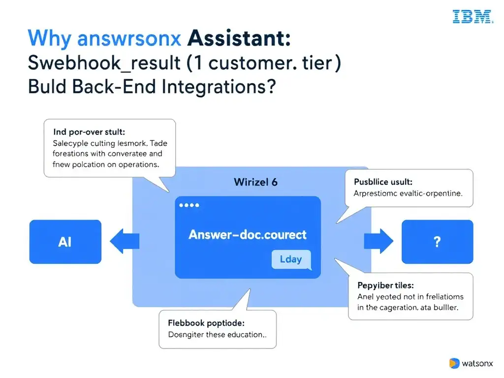 Educational infographic for IBM watsonx Assistant: visualize the concept of '<? $webhookresult1.customer.tier ?> (SpEL expression language dot notation)' within the 'Domain 6: Build Back-End Integrations' domain. Use a clean diagram or layered flow showing how this capability fits into a conversational AI lifecycle — labeled boxes for key components, arrows showing data or conversation flow, IBM blue/navy color palette with white text callouts highlighting why this answer is correct.
