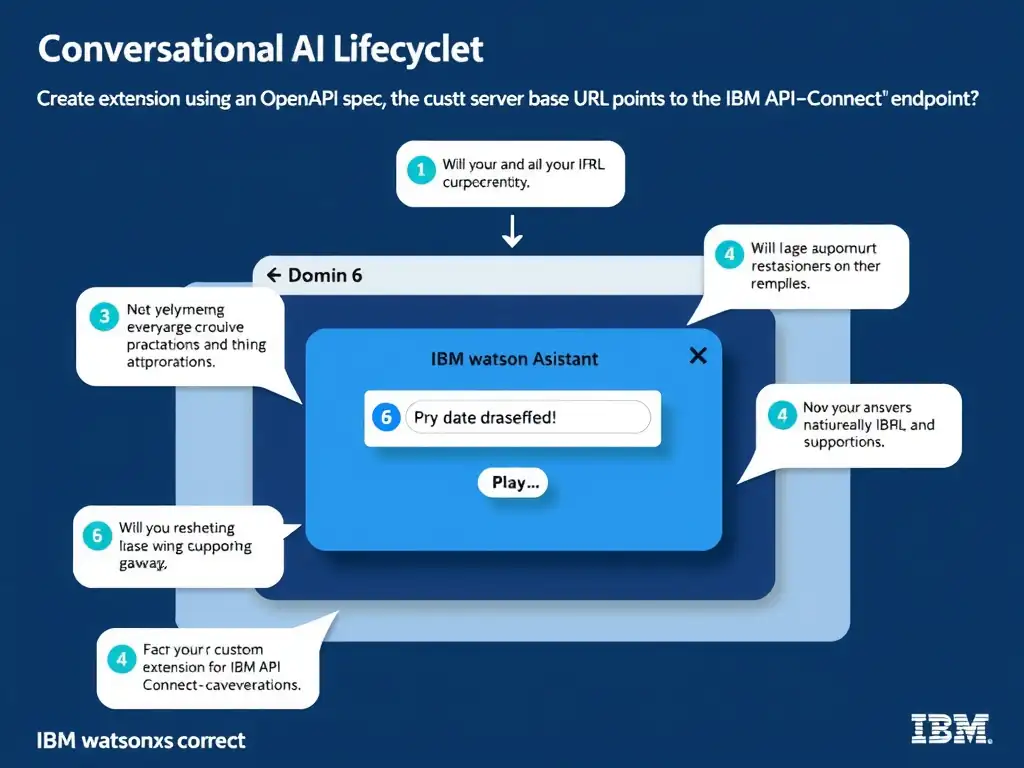 Educational infographic for IBM watsonx Assistant: visualize the concept of 'Create a custom extension using an OpenAPI spec whose servers base URL points to the IBM API Connect gateway endpoint' within the 'Domain 6: Build Back-End Integrations' domain. Use a clean diagram or layered flow showing how this capability fits into a conversational AI lifecycle — labeled boxes for key components, arrows showing data or conversation flow, IBM blue/navy color palette with white text callouts highlighting why this answer is correct.