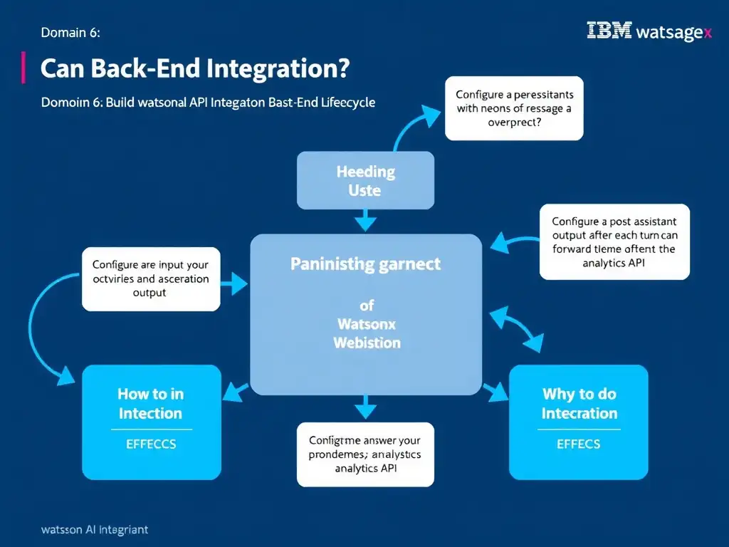 Educational infographic for IBM watsonx Assistant: visualize the concept of 'Configure a post-message webhook; it receives user input and assistant output after each turn and can forward them to the analytics API' within the 'Domain 6: Build Back-End Integrations' domain. Use a clean diagram or layered flow showing how this capability fits into a conversational AI lifecycle — labeled boxes for key components, arrows showing data or conversation flow, IBM blue/navy color palette with white text callouts highlighting why this answer is correct.
