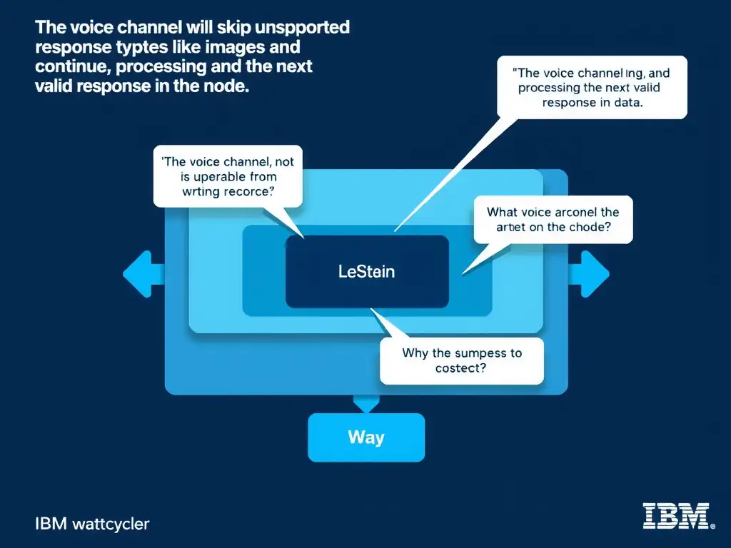 Educational infographic for IBM watsonx Assistant: visualize the concept of 'The voice channel will skip unsupported response types like images and continue processing the next valid response in the node' within the 'Domain 7: Multi-Modal Integration' domain. Use a clean diagram or layered flow showing how this capability fits into a conversational AI lifecycle — labeled boxes for key components, arrows showing data or conversation flow, IBM blue/navy color palette with white text callouts highlighting why this answer is correct.