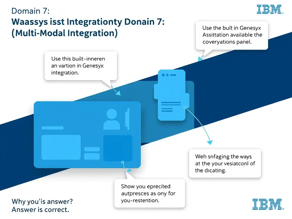 Educational infographic for IBM watsonx Assistant: visualize the concept of 'Use the built-in Genesys Cloud phone integration available in the watsonx Assistant Integrations panel' within the 'Domain 7: Multi-Modal Integration' domain. Use a clean diagram or layered flow showing how this capability fits into a conversational AI lifecycle — labeled boxes for key components, arrows showing data or conversation flow, IBM blue/navy color palette with white text callouts highlighting why this answer is correct.
