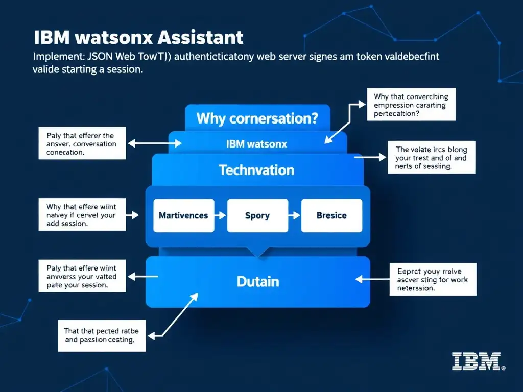 Educational infographic for IBM watsonx Assistant: visualize the concept of 'Implement JSON Web Token (JWT) authentication so the web server signs a token that watsonx Assistant validates before starting a session' within the 'Domain 7: Multi-Modal Integration' domain. Use a clean diagram or layered flow showing how this capability fits into a conversational AI lifecycle — labeled boxes for key components, arrows showing data or conversation flow, IBM blue/navy color palette with white text callouts highlighting why this answer is correct.