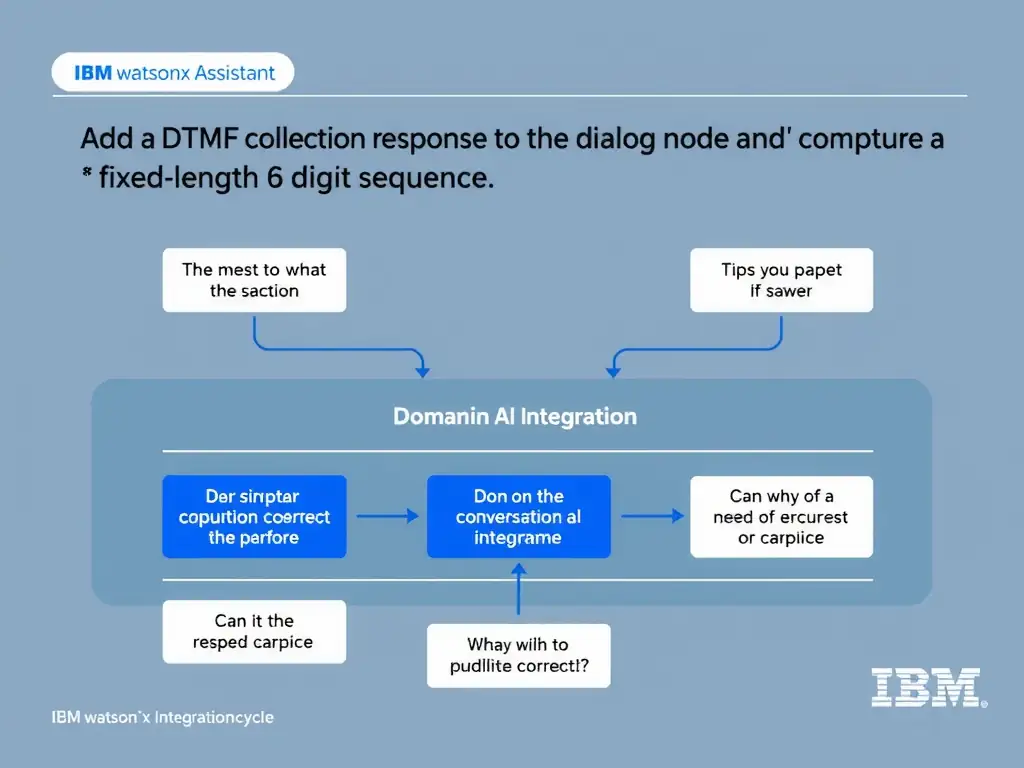 Educational infographic for IBM watsonx Assistant: visualize the concept of 'Add a DTMF collection response to the dialog node and configure it to capture a fixed-length 6-digit sequence' within the 'Domain 7: Multi-Modal Integration' domain. Use a clean diagram or layered flow showing how this capability fits into a conversational AI lifecycle — labeled boxes for key components, arrows showing data or conversation flow, IBM blue/navy color palette with white text callouts highlighting why this answer is correct.