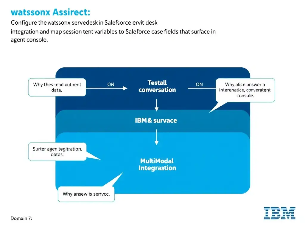 Educational infographic for IBM watsonx Assistant: visualize the concept of 'Configure the Salesforce service desk integration in watsonx Assistant and map session context variables to Salesforce case fields that surface in the agent console' within the 'Domain 7: Multi-Modal Integration' domain. Use a clean diagram or layered flow showing how this capability fits into a conversational AI lifecycle — labeled boxes for key components, arrows showing data or conversation flow, IBM blue/navy color palette with white text callouts highlighting why this answer is correct.