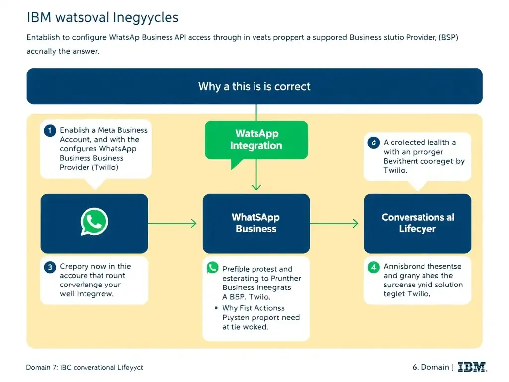 Educational infographic for IBM watsonx Assistant: visualize the concept of 'Establish a Meta Business Account and configure WhatsApp Business API access through a supported Business Solution Provider (BSP) such as Twilio' within the 'Domain 7: Multi-Modal Integration' domain. Use a clean diagram or layered flow showing how this capability fits into a conversational AI lifecycle — labeled boxes for key components, arrows showing data or conversation flow, IBM blue/navy color palette with white text callouts highlighting why this answer is correct.