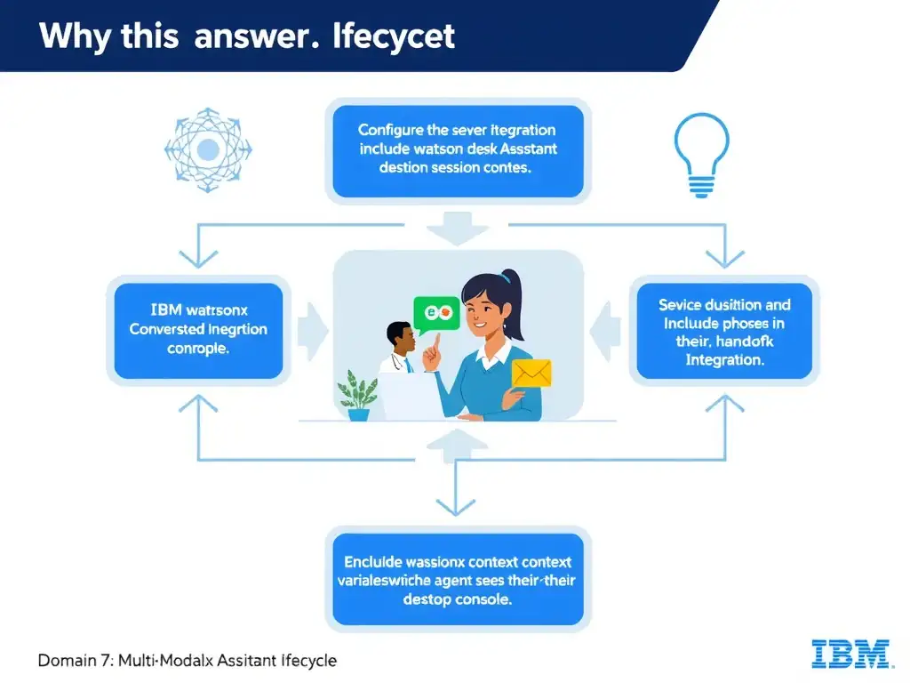 Educational infographic for IBM watsonx Assistant: visualize the concept of 'Configure the service desk integration to include watsonx Assistant session context variables in the handoff payload, which the agent sees in their desktop console' within the 'Domain 7: Multi-Modal Integration' domain. Use a clean diagram or layered flow showing how this capability fits into a conversational AI lifecycle — labeled boxes for key components, arrows showing data or conversation flow, IBM blue/navy color palette with white text callouts highlighting why this answer is correct.