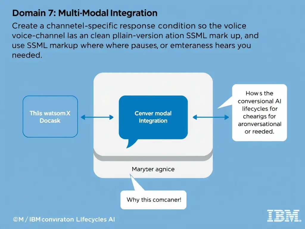 Educational infographic for IBM watsonx Assistant: visualize the concept of 'Create a channel-specific response condition so the voice channel receives a clean plain-text version, and use SSML markup where pauses or emphasis are needed' within the 'Domain 7: Multi-Modal Integration' domain. Use a clean diagram or layered flow showing how this capability fits into a conversational AI lifecycle — labeled boxes for key components, arrows showing data or conversation flow, IBM blue/navy color palette with white text callouts highlighting why this answer is correct.