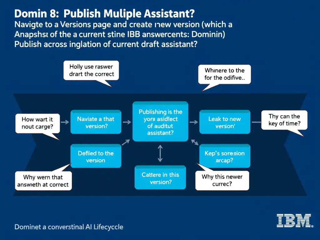 Educational infographic for IBM watsonx Assistant: visualize the concept of 'Navigate to the Versions page and create a new version, which saves a snapshot of the current draft assistant' within the 'Domain 8: Publish Across Multiple Environments' domain. Use a clean diagram or layered flow showing how this capability fits into a conversational AI lifecycle — labeled boxes for key components, arrows showing data or conversation flow, IBM blue/navy color palette with white text callouts highlighting why this answer is correct.