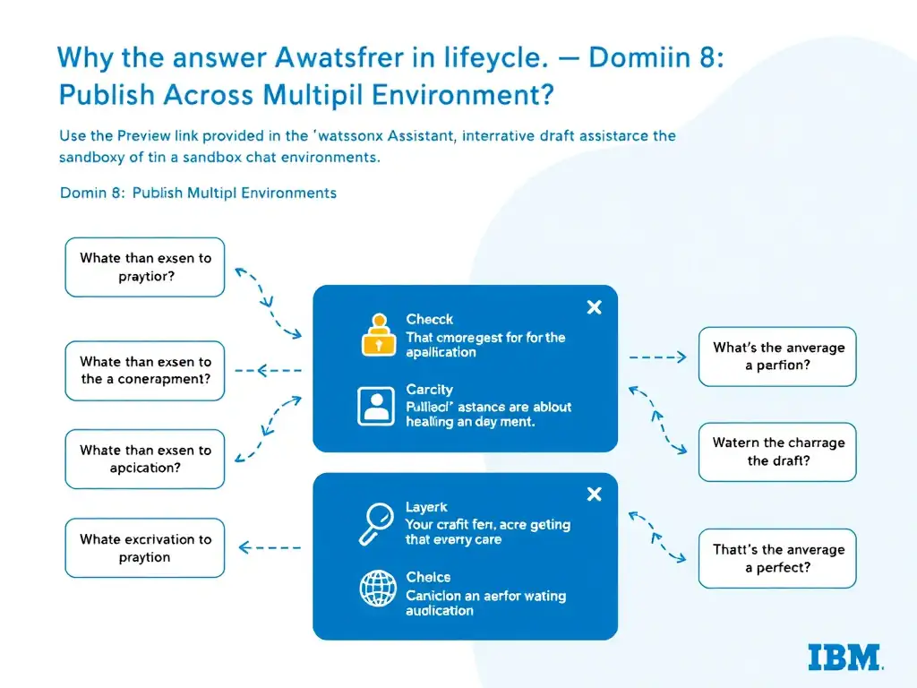 Educational infographic for IBM watsonx Assistant: visualize the concept of 'Use the Preview link provided in the watsonx Assistant interface to interact with the draft assistant in a sandboxed chat environment' within the 'Domain 8: Publish Across Multiple Environments' domain. Use a clean diagram or layered flow showing how this capability fits into a conversational AI lifecycle — labeled boxes for key components, arrows showing data or conversation flow, IBM blue/navy color palette with white text callouts highlighting why this answer is correct.