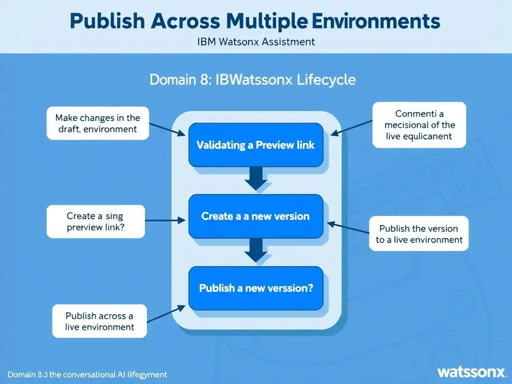Educational infographic for IBM watsonx Assistant: visualize the concept of 'Make changes in the draft environment → Validate using the Preview link → Create a new version → Publish the version to the live environment' within the 'Domain 8: Publish Across Multiple Environments' domain. Use a clean diagram or layered flow showing how this capability fits into a conversational AI lifecycle — labeled boxes for key components, arrows showing data or conversation flow, IBM blue/navy color palette with white text callouts highlighting why this answer is correct.