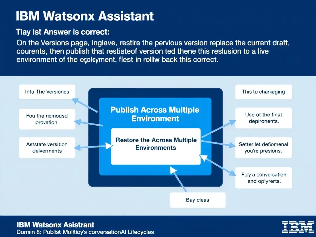 Educational infographic for IBM watsonx Assistant: visualize the concept of 'On the Versions page, restore the previous version to replace the current draft, then publish that restored version to the live environment to roll back the deployment' within the 'Domain 8: Publish Across Multiple Environments' domain. Use a clean diagram or layered flow showing how this capability fits into a conversational AI lifecycle — labeled boxes for key components, arrows showing data or conversation flow, IBM blue/navy color palette with white text callouts highlighting why this answer is correct.
