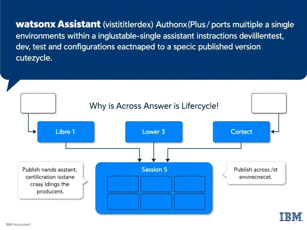 Educational infographic for IBM watsonx Assistant: visualize the concept of 'watsonx Assistant (Plus plan and above) supports multiple named environments within a single assistant instance, allowing dev, test, and production configurations each mapped to a specific published version' within the 'Domain 8: Publish Across Multiple Environments' domain. Use a clean diagram or layered flow showing how this capability fits into a conversational AI lifecycle — labeled boxes for key components, arrows showing data or conversation flow, IBM blue/navy color palette with white text callouts highlighting why this answer is correct.
