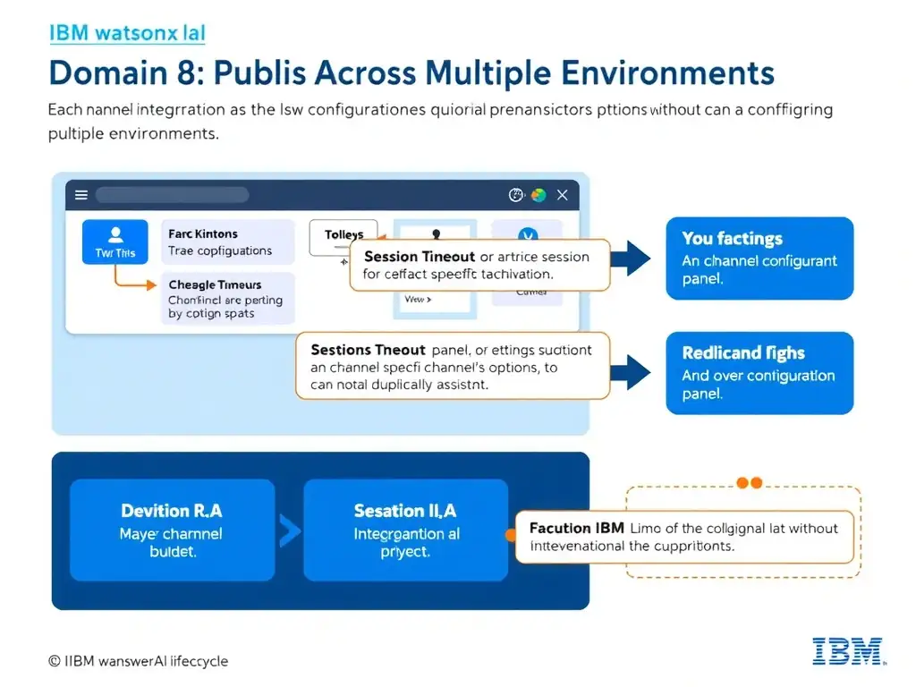 Educational infographic for IBM watsonx Assistant: visualize the concept of 'Each channel integration in watsonx Assistant has its own configuration panel where settings such as session timeout, appearance, and channel-specific options can be configured independently without duplicating the assistant' within the 'Domain 8: Publish Across Multiple Environments' domain. Use a clean diagram or layered flow showing how this capability fits into a conversational AI lifecycle — labeled boxes for key components, arrows showing data or conversation flow, IBM blue/navy color palette with white text callouts highlighting why this answer is correct.