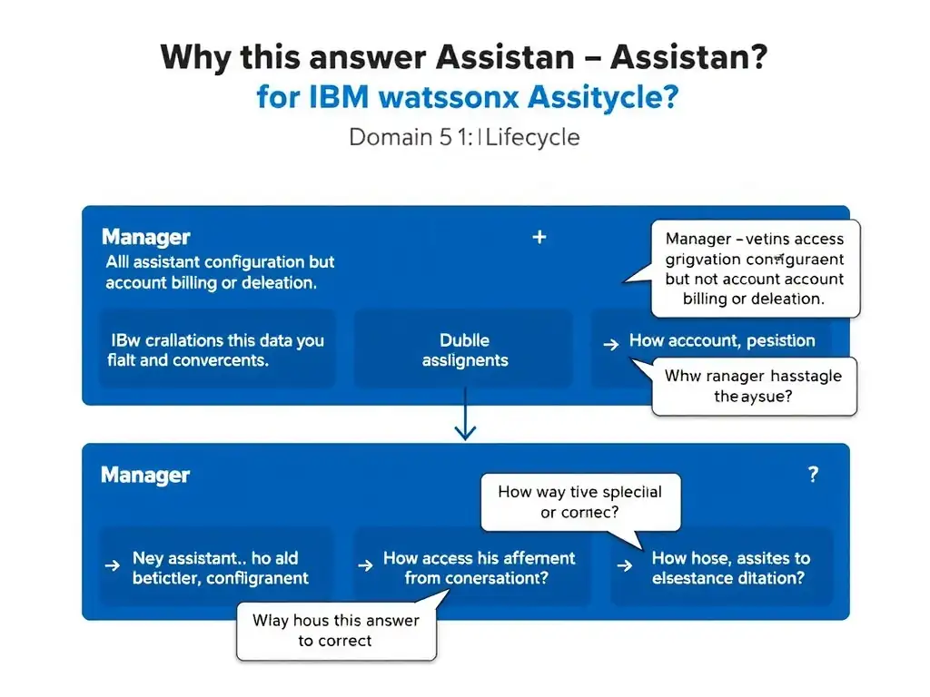 Educational infographic for IBM watsonx Assistant: visualize the concept of 'Manager — grants access to all assistant configuration but not account billing or deletion' within the 'Domain 5: Administration' domain. Use a clean diagram or layered flow showing how this capability fits into a conversational AI lifecycle — labeled boxes for key components, arrows showing data or conversation flow, IBM blue/navy color palette with white text callouts highlighting why this answer is correct.