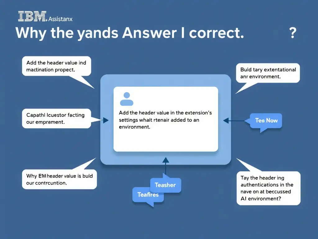 Educational infographic for IBM watsonx Assistant: visualize the concept of 'Add the header value in the extension's authentication settings when the extension is added to an environment' within the 'Domain 6: Build Back-End Integrations' domain. Use a clean diagram or layered flow showing how this capability fits into a conversational AI lifecycle — labeled boxes for key components, arrows showing data or conversation flow, IBM blue/navy color palette with white text callouts highlighting why this answer is correct.