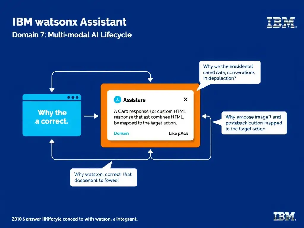 Educational infographic for IBM watsonx Assistant: visualize the concept of 'A card response (or custom HTML response) that combines image, text, and a postback button mapped to the target action' within the 'Domain 7: Multi-Modal Integration' domain. Use a clean diagram or layered flow showing how this capability fits into a conversational AI lifecycle — labeled boxes for key components, arrows showing data or conversation flow, IBM blue/navy color palette with white text callouts highlighting why this answer is correct.