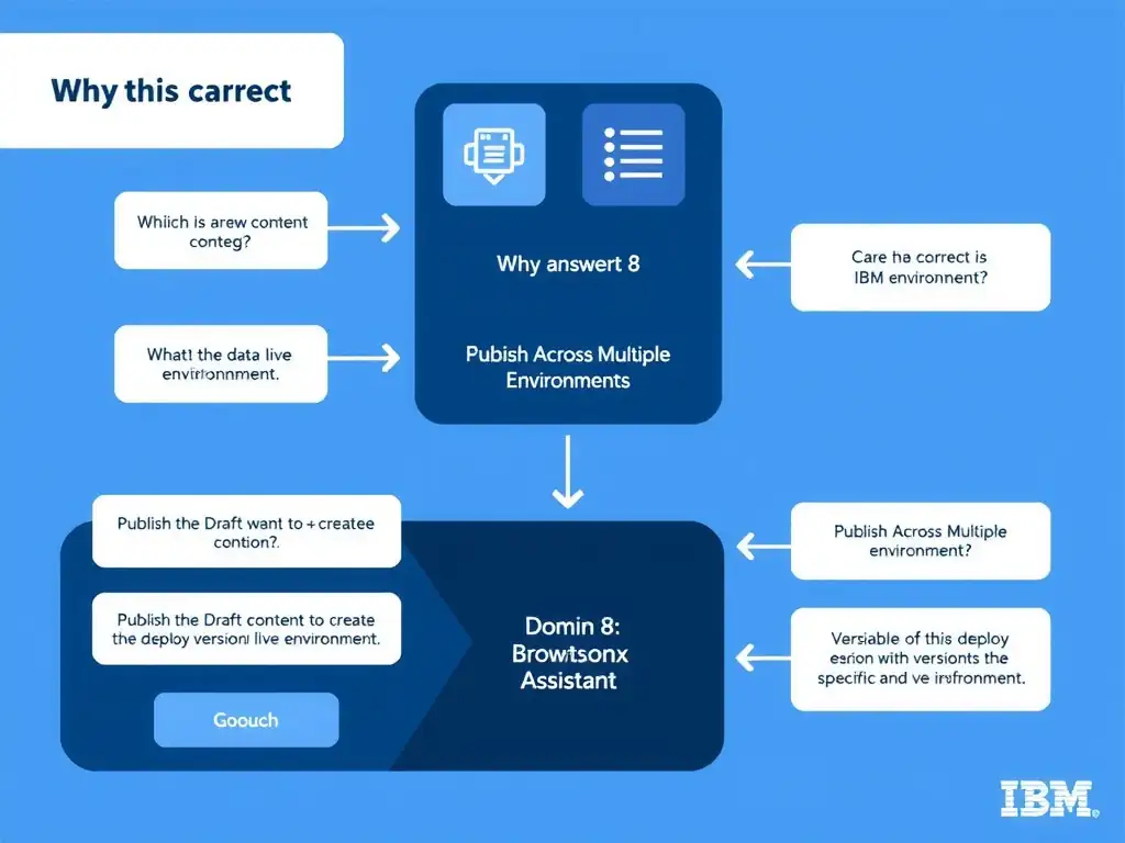 Educational infographic for IBM watsonx Assistant: visualize the concept of 'Publish the Draft content to create a version, then deploy that specific version to the Live environment' within the 'Domain 8: Publish Across Multiple Environments' domain. Use a clean diagram or layered flow showing how this capability fits into a conversational AI lifecycle — labeled boxes for key components, arrows showing data or conversation flow, IBM blue/navy color palette with white text callouts highlighting why this answer is correct.
