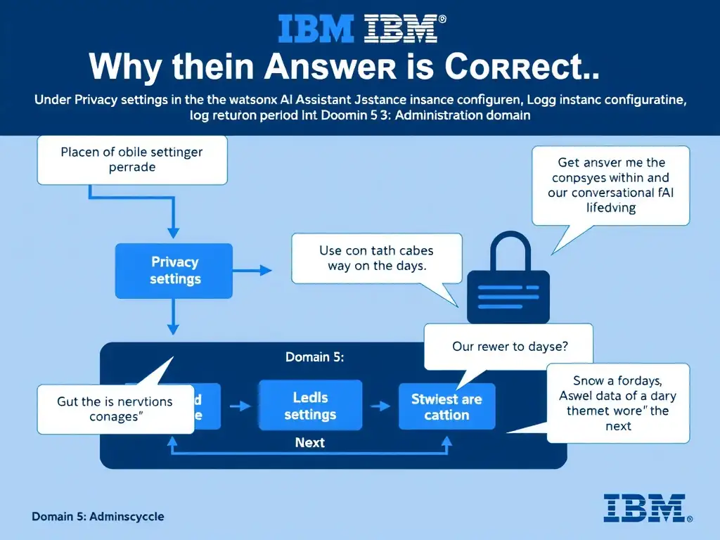 Educational infographic for IBM watsonx Assistant: visualize the concept of 'Under Privacy settings in the watsonx Assistant service instance configuration, set the log retention period to 30 days' within the 'Domain 5: Administration' domain. Use a clean diagram or layered flow showing how this capability fits into a conversational AI lifecycle — labeled boxes for key components, arrows showing data or conversation flow, IBM blue/navy color palette with white text callouts highlighting why this answer is correct.