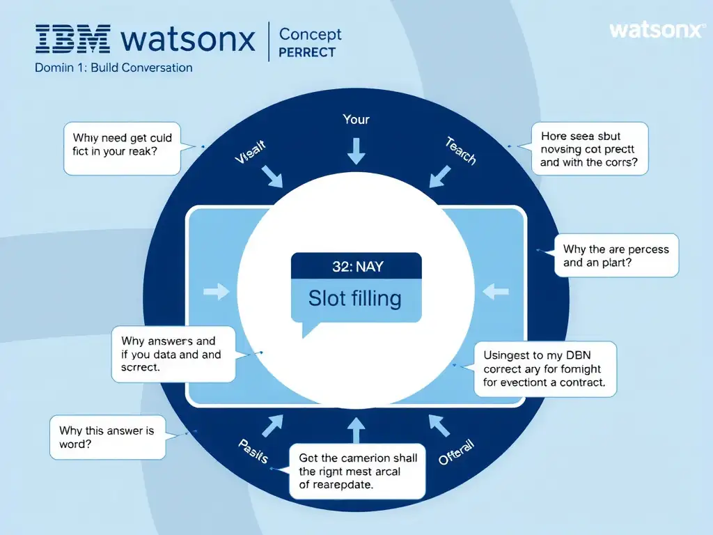 Educational infographic for IBM watsonx Assistant: visualize the concept of 'Slot filling' within the 'Domain 1: Build Conversations' domain. Use a clean diagram or layered flow showing how this capability fits into a conversational AI lifecycle — labeled boxes for key components, arrows showing data or conversation flow, IBM blue/navy color palette with white text callouts highlighting why this answer is correct.