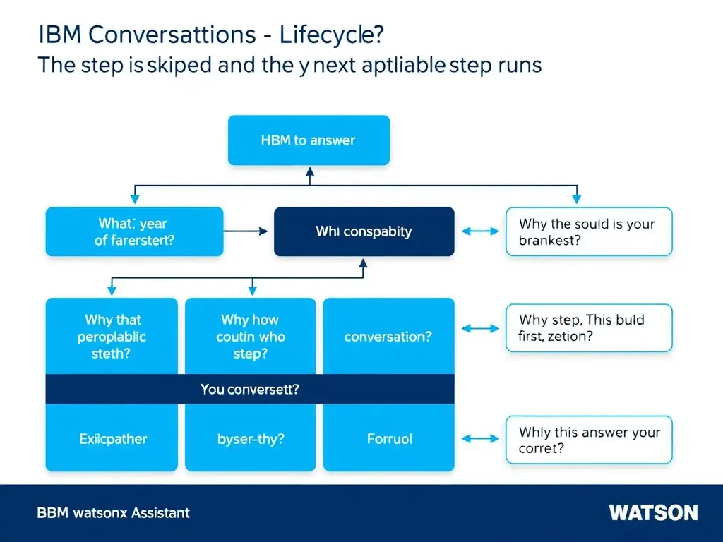 Educational infographic for IBM watsonx Assistant: visualize the concept of 'The step is skipped and the next applicable step runs' within the 'Domain 1: Build Conversations' domain. Use a clean diagram or layered flow showing how this capability fits into a conversational AI lifecycle — labeled boxes for key components, arrows showing data or conversation flow, IBM blue/navy color palette with white text callouts highlighting why this answer is correct.