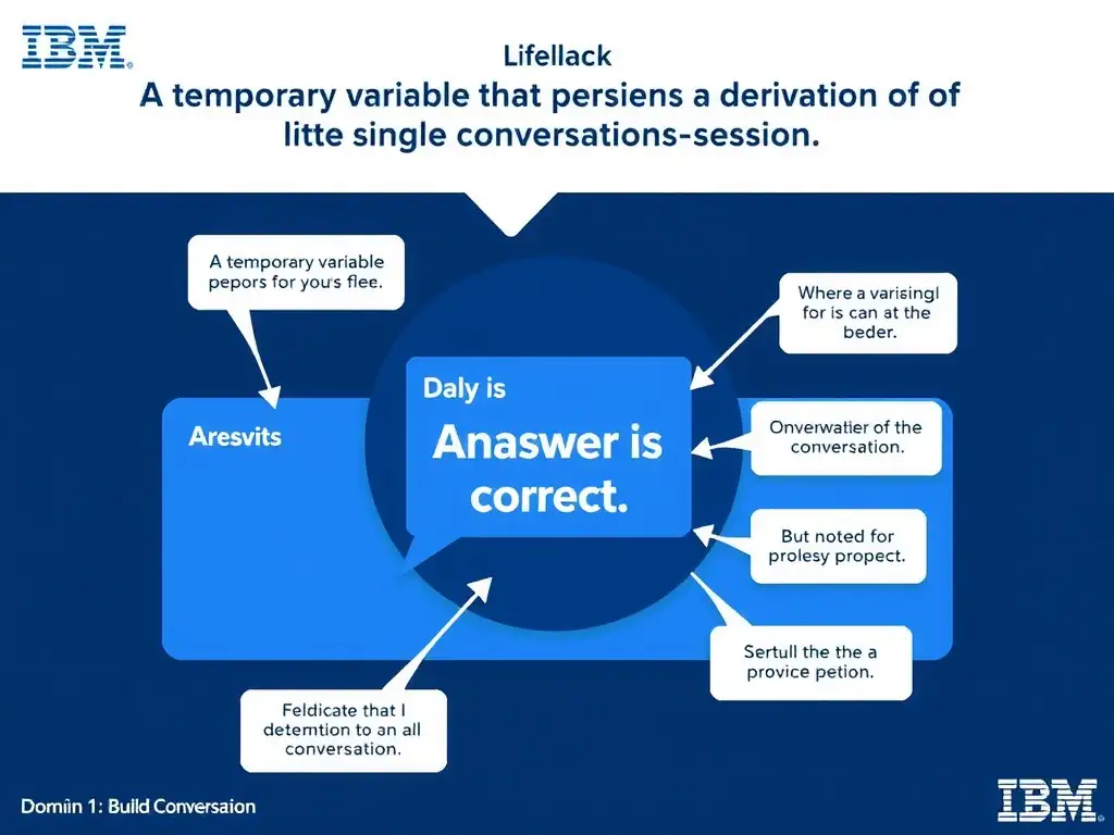 Educational infographic for IBM watsonx Assistant: visualize the concept of 'A temporary variable that persists for the duration of a single conversation session' within the 'Domain 1: Build Conversations' domain. Use a clean diagram or layered flow showing how this capability fits into a conversational AI lifecycle — labeled boxes for key components, arrows showing data or conversation flow, IBM blue/navy color palette with white text callouts highlighting why this answer is correct.