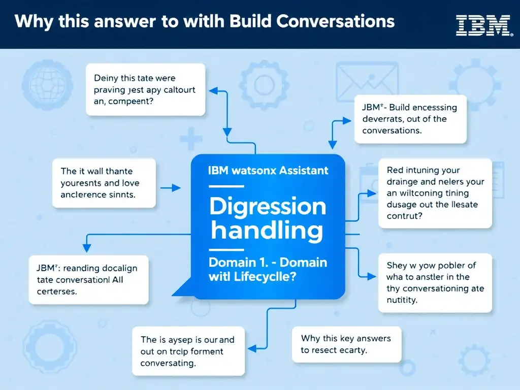 Educational infographic for IBM watsonx Assistant: visualize the concept of 'Digression handling' within the 'Domain 1: Build Conversations' domain. Use a clean diagram or layered flow showing how this capability fits into a conversational AI lifecycle — labeled boxes for key components, arrows showing data or conversation flow, IBM blue/navy color palette with white text callouts highlighting why this answer is correct.