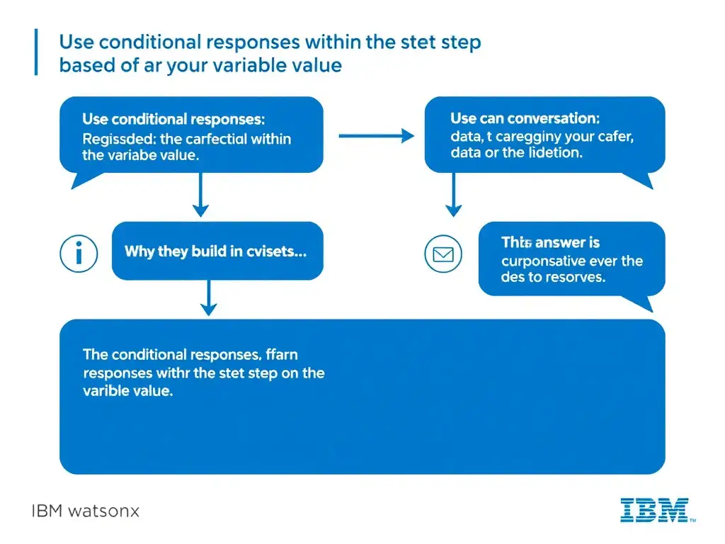 Educational infographic for IBM watsonx Assistant: visualize the concept of 'Use conditional responses within the step based on the variable value' within the 'Domain 1: Build Conversations' domain. Use a clean diagram or layered flow showing how this capability fits into a conversational AI lifecycle — labeled boxes for key components, arrows showing data or conversation flow, IBM blue/navy color palette with white text callouts highlighting why this answer is correct.