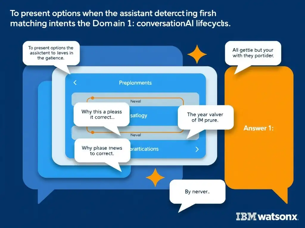 Educational infographic for IBM watsonx Assistant: visualize the concept of 'To present options when the assistant detects multiple matching intents' within the 'Domain 1: Build Conversations' domain. Use a clean diagram or layered flow showing how this capability fits into a conversational AI lifecycle — labeled boxes for key components, arrows showing data or conversation flow, IBM blue/navy color palette with white text callouts highlighting why this answer is correct.