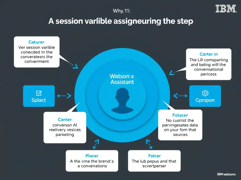 Educational infographic for IBM watsonx Assistant: visualize the concept of 'A session variable assigned during the step' within the 'Domain 1: Build Conversations' domain. Use a clean diagram or layered flow showing how this capability fits into a conversational AI lifecycle — labeled boxes for key components, arrows showing data or conversation flow, IBM blue/navy color palette with white text callouts highlighting why this answer is correct.
