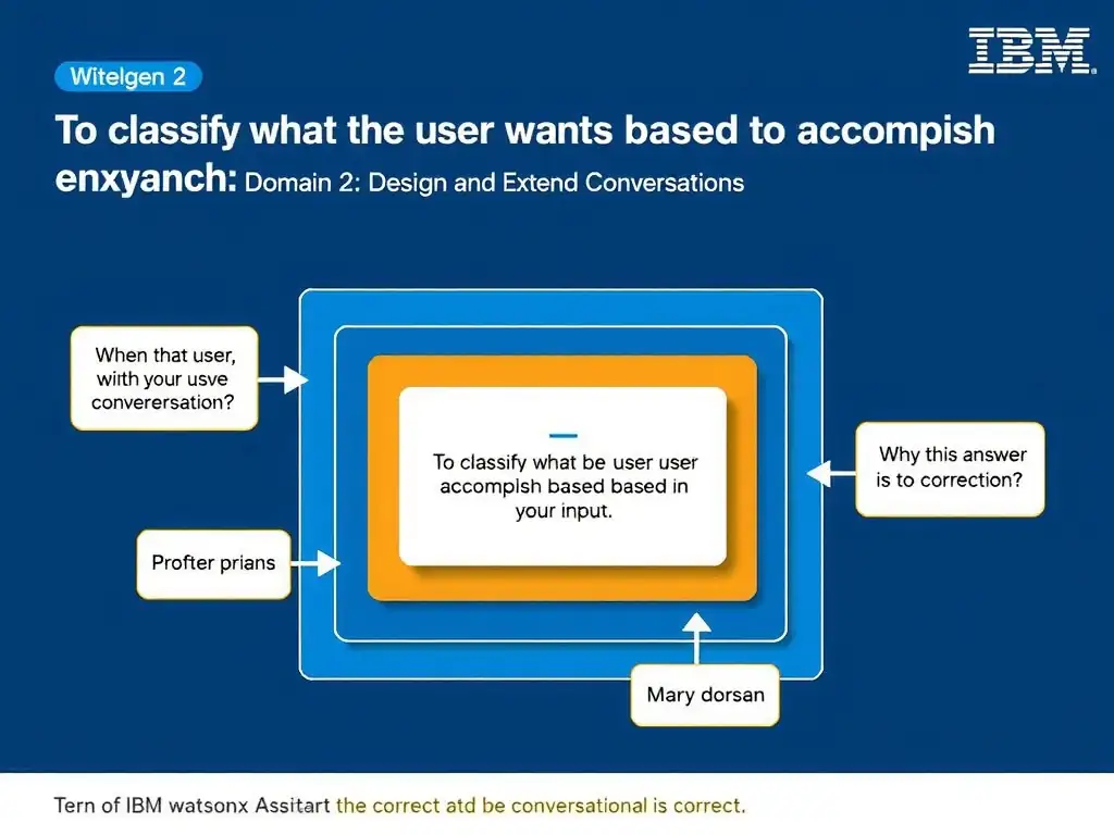 Educational infographic for IBM watsonx Assistant: visualize the concept of 'To classify what the user wants to accomplish based on their input' within the 'Domain 2: Design and Extend Conversations' domain. Use a clean diagram or layered flow showing how this capability fits into a conversational AI lifecycle — labeled boxes for key components, arrows showing data or conversation flow, IBM blue/navy color palette with white text callouts highlighting why this answer is correct.