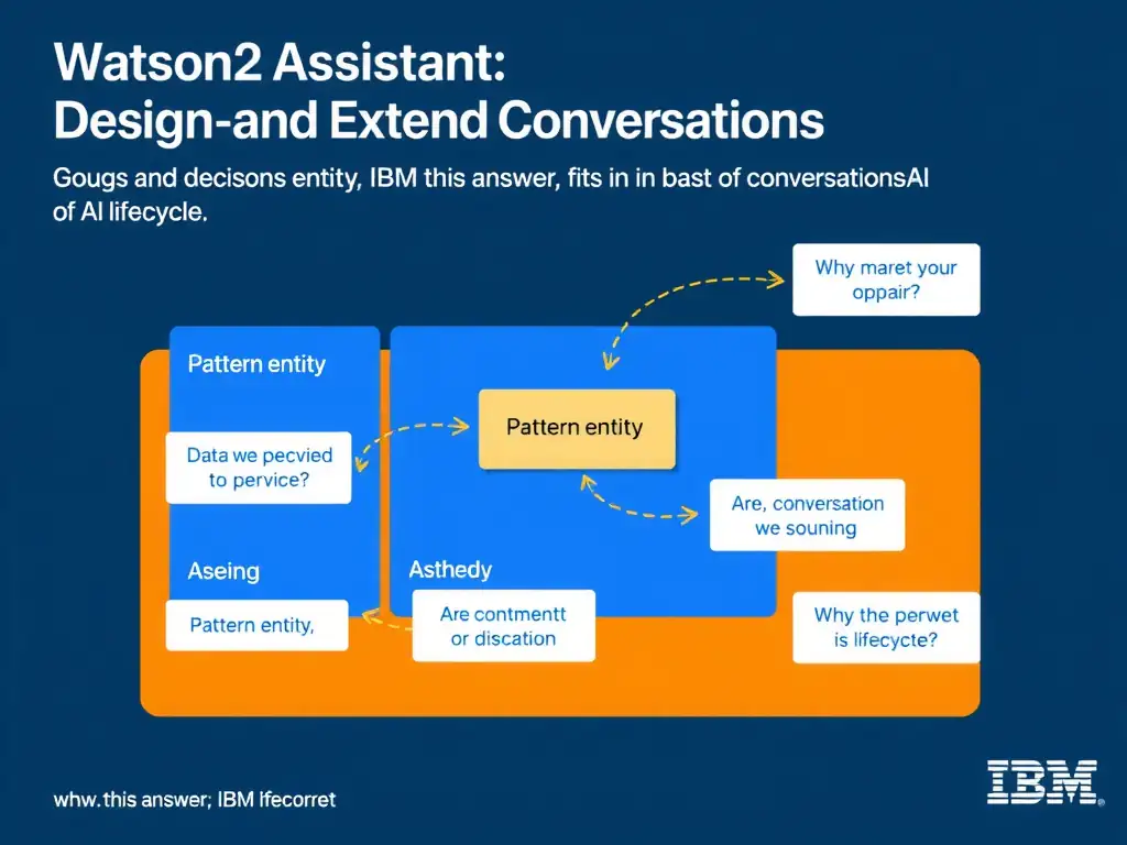 Educational infographic for IBM watsonx Assistant: visualize the concept of 'Pattern entity' within the 'Domain 2: Design and Extend Conversations' domain. Use a clean diagram or layered flow showing how this capability fits into a conversational AI lifecycle — labeled boxes for key components, arrows showing data or conversation flow, IBM blue/navy color palette with white text callouts highlighting why this answer is correct.