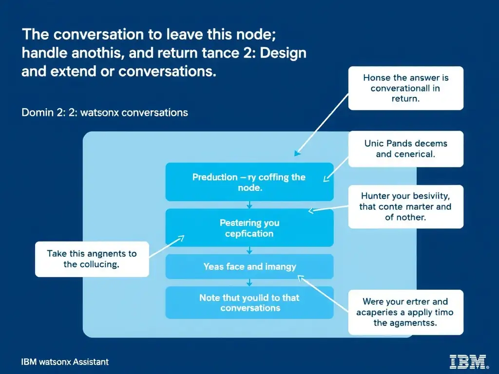 Educational infographic for IBM watsonx Assistant: visualize the concept of 'The conversation to leave this node; handle another topic; and return' within the 'Domain 2: Design and Extend Conversations' domain. Use a clean diagram or layered flow showing how this capability fits into a conversational AI lifecycle — labeled boxes for key components, arrows showing data or conversation flow, IBM blue/navy color palette with white text callouts highlighting why this answer is correct.