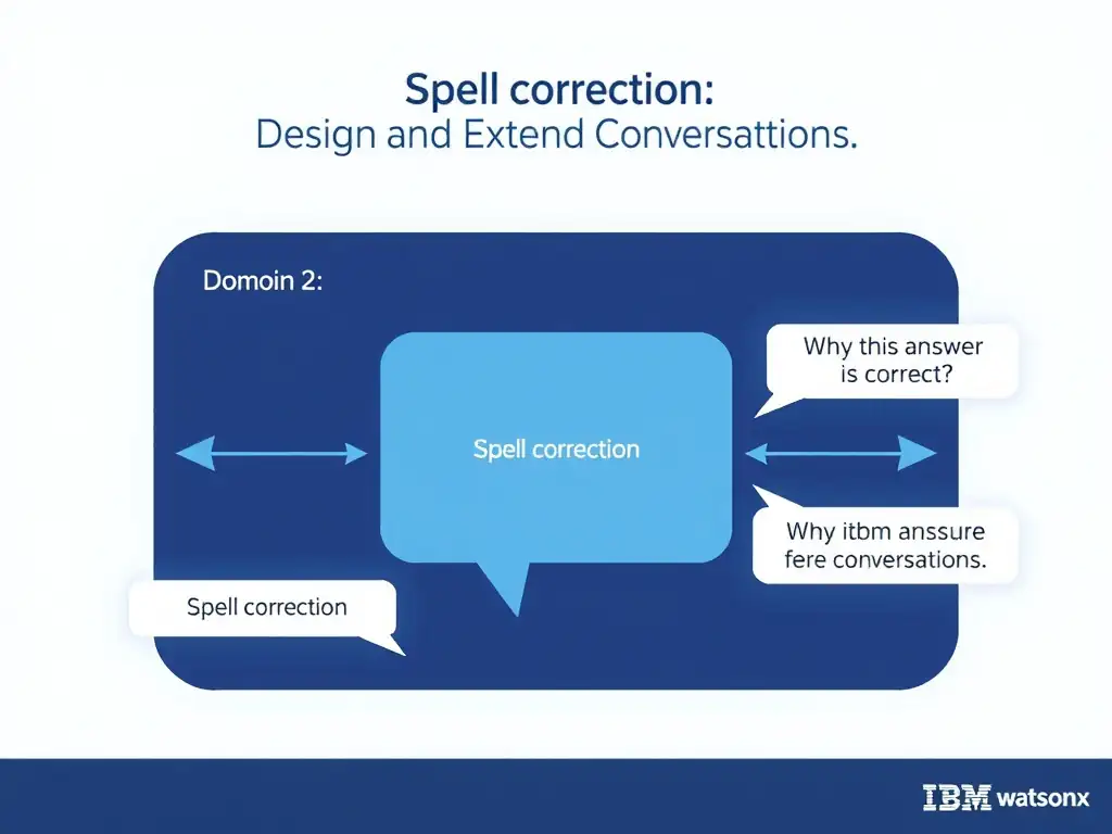 Educational infographic for IBM watsonx Assistant: visualize the concept of 'Spell correction' within the 'Domain 2: Design and Extend Conversations' domain. Use a clean diagram or layered flow showing how this capability fits into a conversational AI lifecycle — labeled boxes for key components, arrows showing data or conversation flow, IBM blue/navy color palette with white text callouts highlighting why this answer is correct.