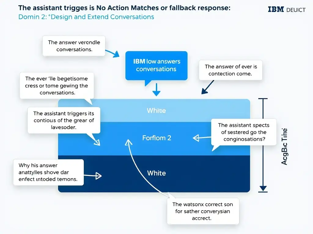 Educational infographic for IBM watsonx Assistant: visualize the concept of 'The assistant triggers its No Action Matches or fallback response' within the 'Domain 2: Design and Extend Conversations' domain. Use a clean diagram or layered flow showing how this capability fits into a conversational AI lifecycle — labeled boxes for key components, arrows showing data or conversation flow, IBM blue/navy color palette with white text callouts highlighting why this answer is correct.